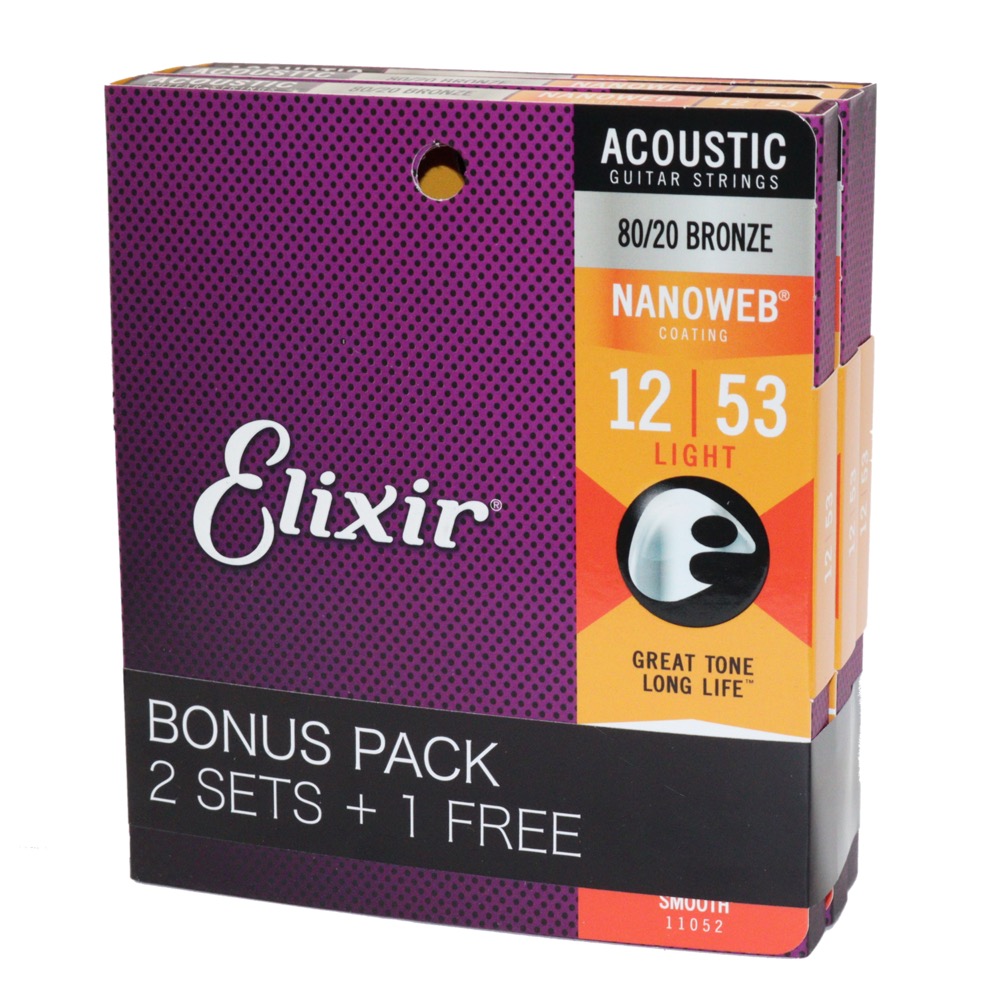 ELIXIR 11052 BonusPack (2+1FREE) ACOUSTIC NANOWEB LIGHT 12-53 アコースティックギター弦 3セットボーナスパック
