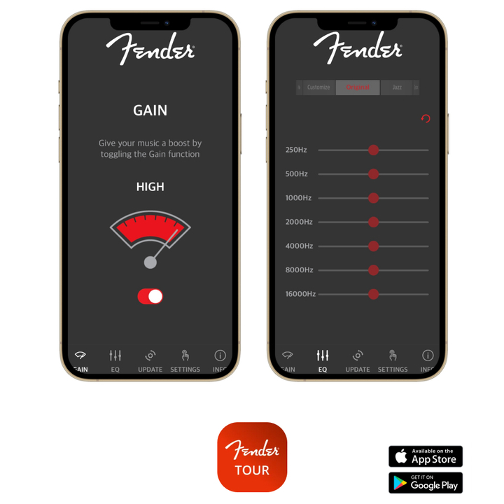 Fender「TOUR」専用アプリで使ってイコライジングを調整でき、自分好みのサウンドで音楽を楽しむことができます。イコライザーは7 バンドのプリセットと、250Hz～16kHz の範囲で調節できる「カスタマイズ」を用意しております。