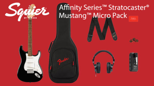 Squier（スクワイア）からヘッドホン、ヘッドホンアンプが付属したバンドルパック「Affinity Series Stratocaster Mustang Micro Pack」が発売！