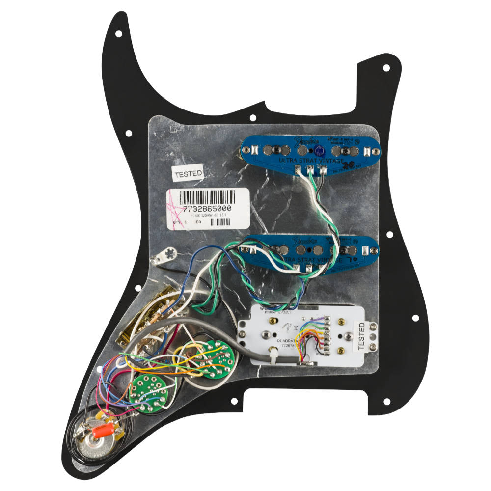 Fender フェンダー Pre-Wired Strat Pickguard Quadra Tap/Ultra Noiseless HSS Black 11 Hole PG 配線済みピックアップセット